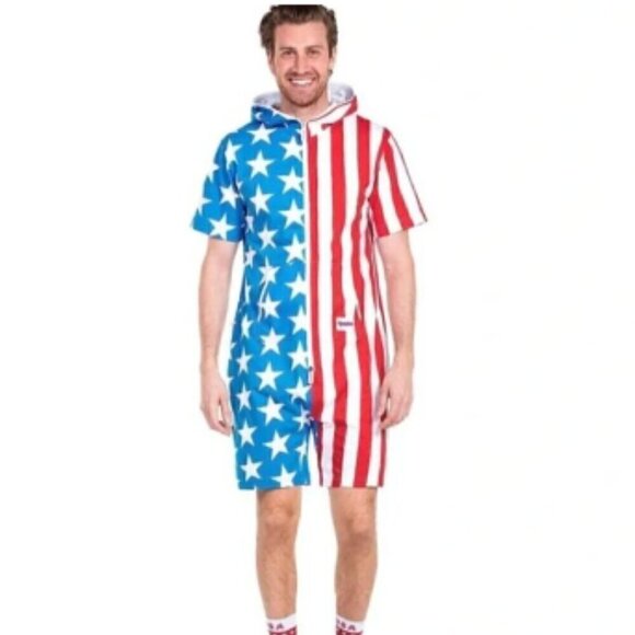 Tipsy Elves USA Patriotic Medium Unisex Romper Jumpsuit Shorts Flag - Picture 2 of 10